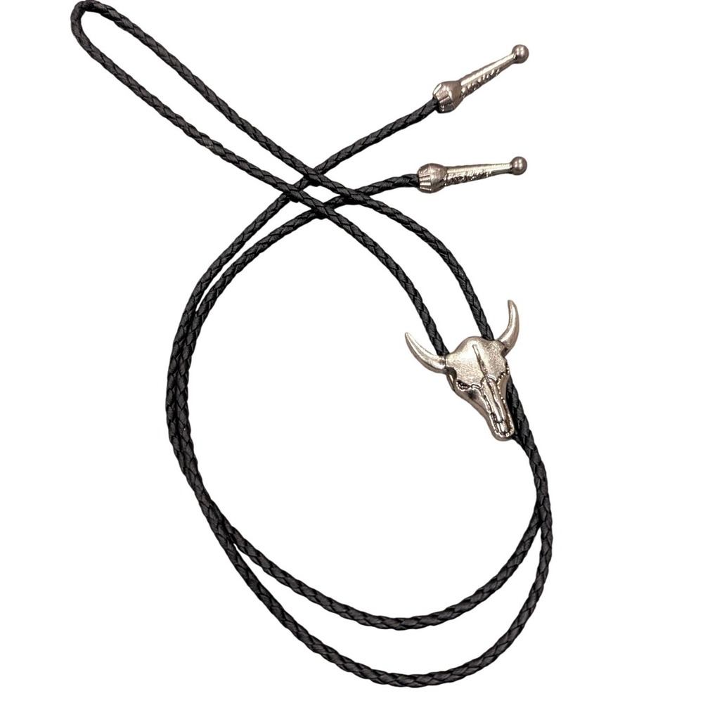 Unbranded Bolo Tie Black Silver Bull Skull Western Cowboy Steer Longhorn Skull